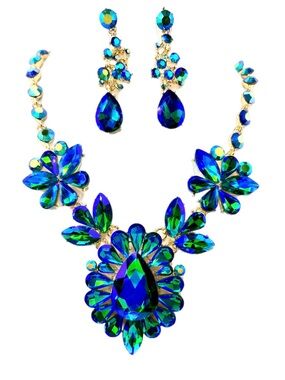 Blue-Green Crystal Statement Necklace & Earrings Set